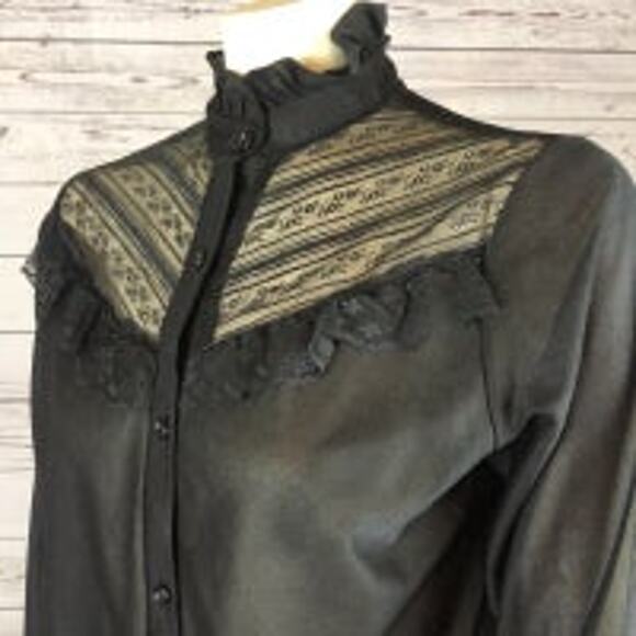 American Vintage Pretty Tops black lace & frilled blouse high neck size medium - Picture 5 of 12